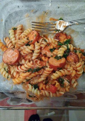 A picture of Lamb and sausage pasta.