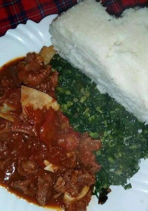 A picture of Ugali Beef and sukuma.
