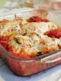 Roasted Summer Squash Boats Filled with Chicken and Ricotta Topped with Fresh Garlic Tomato Sauce