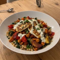 A picture of Harissa Roasted Chickpea & Halloumi Bowls.