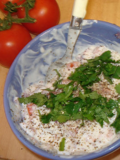 A picture of A Yogurt Salad: Tomato and Onion Raita.