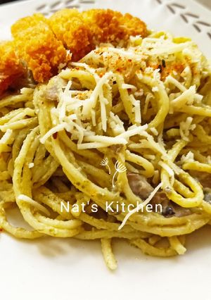 Foto resep Spaghetti pesto with chicken katsu