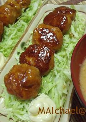A picture of Fluffy Teriyaki Tsukune with Wheat Gluten and Chicken Breast.