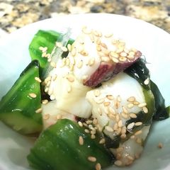 A picture of Octopus, cucumber & seaweed salad (with Sanbaizu dressing).