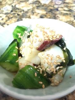 A picture of Octopus, cucumber & seaweed salad (with Sanbaizu dressing).
