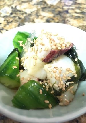 A picture of Octopus, cucumber & seaweed salad (with Sanbaizu dressing).