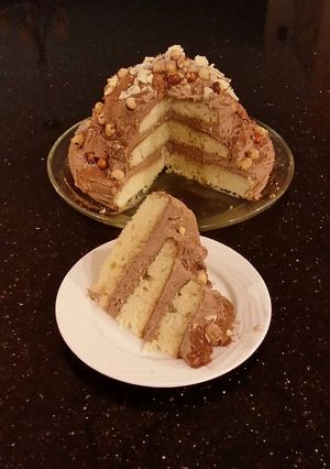 A picture of Hazelnut Layer Cake with Hazelnut Cream Frosting.