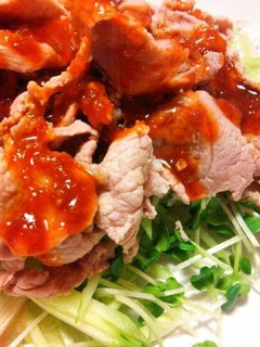 A picture of Boiled Pork with Korean Style Red Chili & Vinegar Miso Sauce.