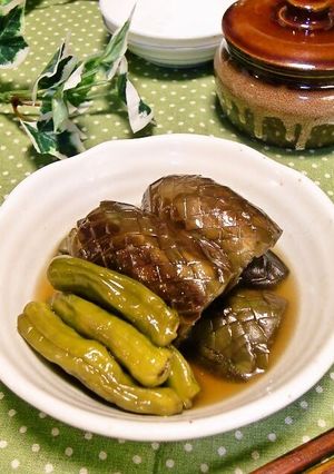A picture of Stewed Eggplants and Shishito Green Peppers.
