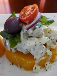 A picture of Chicken & Mayo on a Bed of steamed butternut.