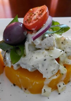 A picture of Chicken & Mayo on a Bed of steamed butternut.