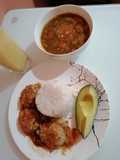 Lentils, Meatballs in Sauce, Rice, and Avocado