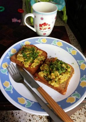 A picture of Akuri on Toast - a dish made famous by the Parsi community.