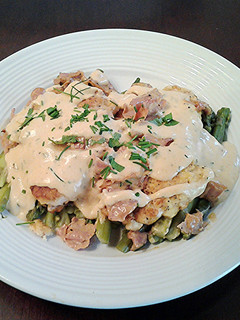 A picture of Chicken with Asparagus, Ham and Bearnaise Sauce.