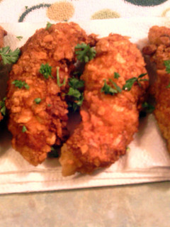 A picture of cracker fried chicken strips.