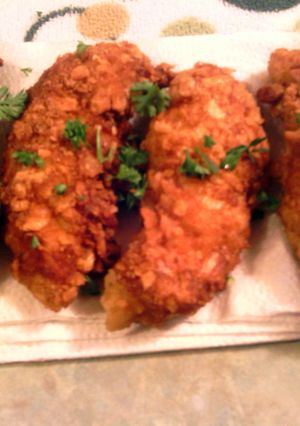 A picture of cracker fried chicken strips.