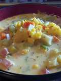 Cheddar Cauliflower and Summer Squash Soup with Ham and Cheese