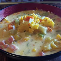 A picture of Cheddar Cauliflower and Summer Squash Soup with Ham and Cheese.
