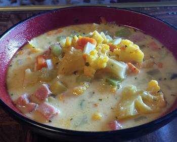 Popular Recipe Cheddar Cauliflower and Summer Squash Soup with Ham and Cheese Practical Delicious