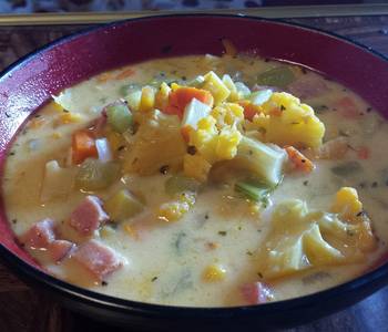 Popular Cuisine Cheddar Cauliflower and Summer Squash Soup with Ham and Cheese Delicious Perfect