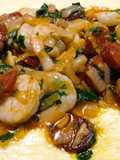 Prawns and chorizo on polenta