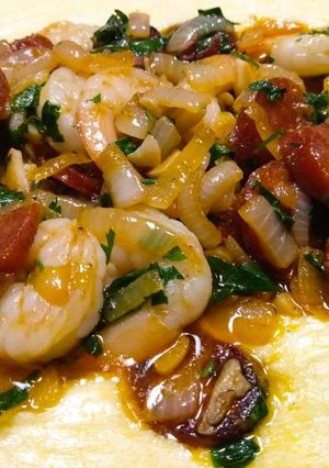 A picture of Prawns and chorizo on polenta.