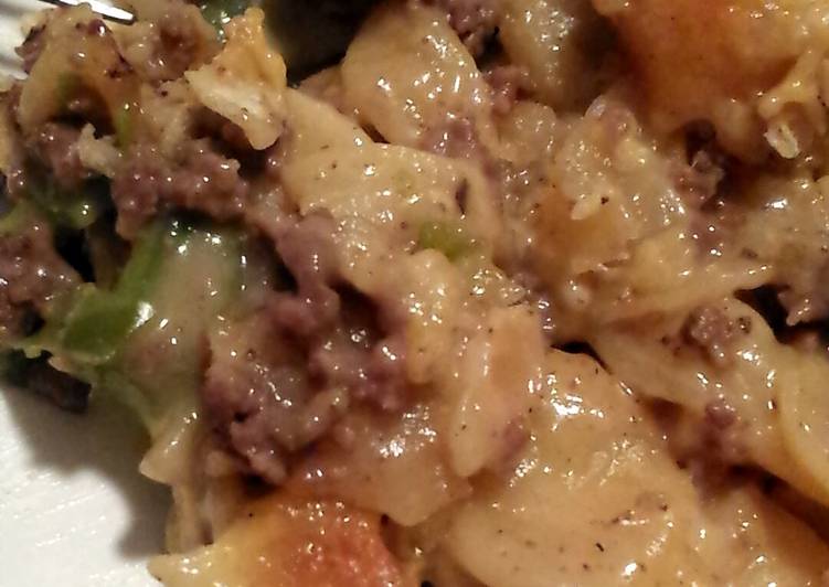 Steps to Make Quick Cheesy beef potatoes and peppers