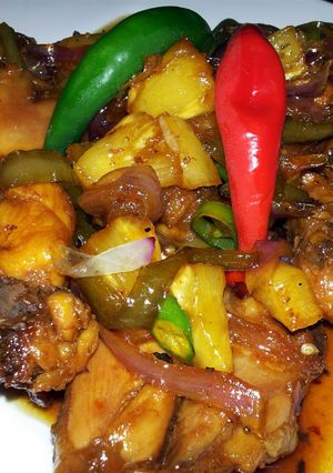 A picture of Pam's sweet and spicy chicken with pineapple....