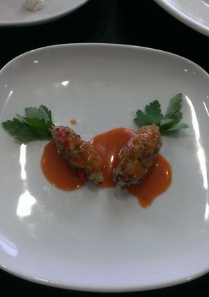 A picture of Multi- grain croquet w/ carrot sauce.
