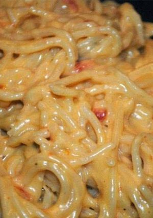 A picture of Extra cheesy chicken spaghetti.