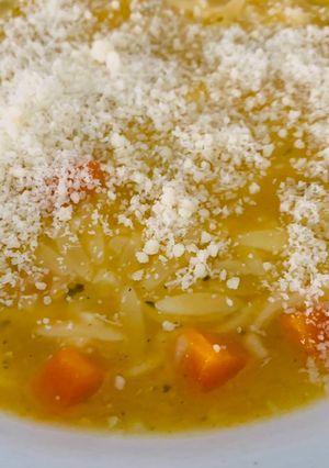 A picture of Risoni in Carrot and Potato Soup.