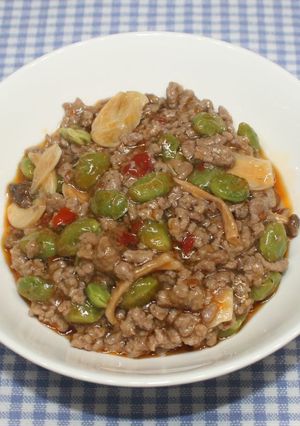 A picture of Aiba’s Mapo Edamame with Dried Edamame and Dried Shimeji Mushrooms.