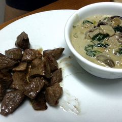 A picture of Lamb fillet with mushroom and spinach sauce.