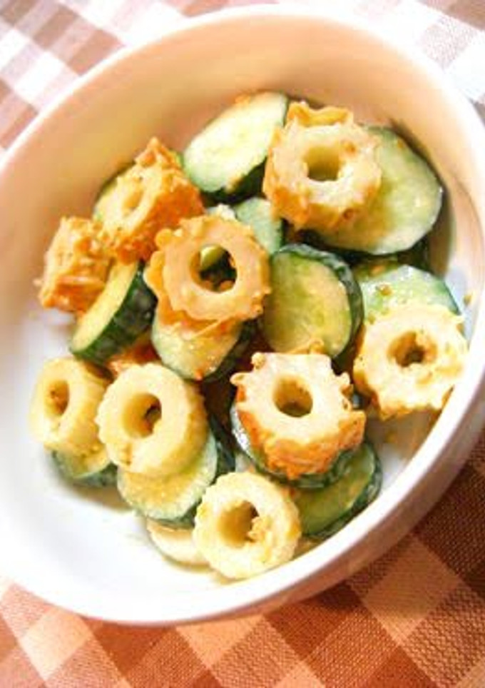 A picture of Chikuwa and Cucumber Tossed in Miso and Mayonnaise.