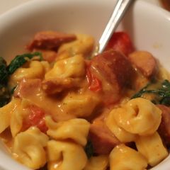 A picture of Sweet Potato Alfredo Tortellini with Kielbasa.