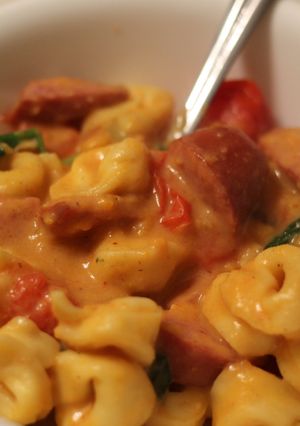 A picture of Sweet Potato Alfredo Tortellini with Kielbasa.