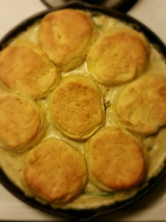 A picture of Cast iron chicken pot pie.