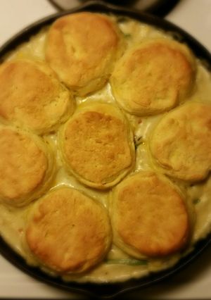 A picture of Cast iron chicken pot pie.