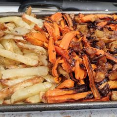 A picture of Air fryer carrots, chips and Bombay potatoes.