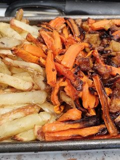 A picture of Air fryer carrots, chips and Bombay potatoes.