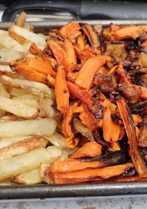 A picture of Air fryer carrots, chips and Bombay potatoes.