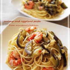 A picture of Pasta with Shrimp and Eggplant.