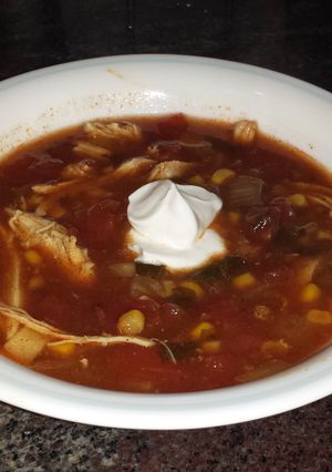 A picture of Crock Pot Chicken Enchilada Soup.