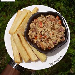 A picture of Fried Yam and Scrambled eggs.