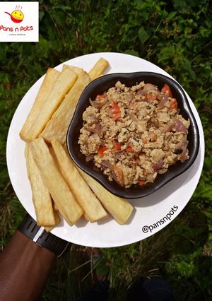 A picture of Fried Yam and Scrambled eggs.