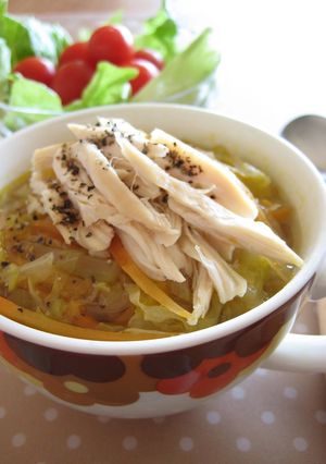 A picture of Chicken Tenders and Julienned Vegetable Soup.