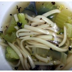A picture of linguine vegetable soup.