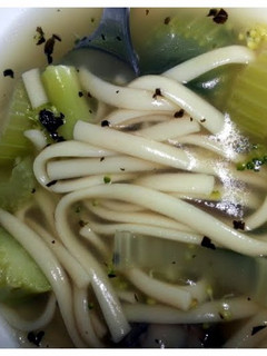 A picture of linguine vegetable soup.