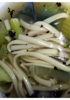 A picture of linguine vegetable soup.