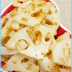 A picture of Lotus Root with Sesame Sauce (5 minutes in your toaster oven).